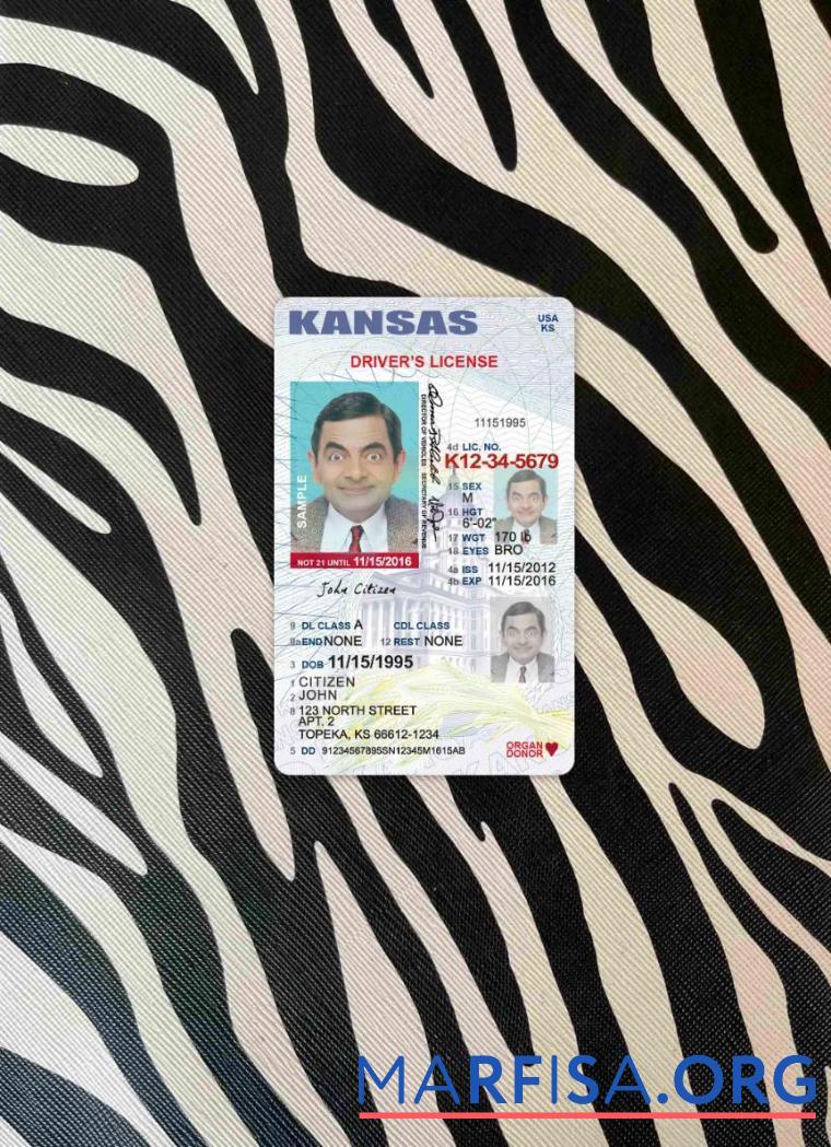 США Kansas Водительское удостоверение under 21 фотообраз Лицевая сторона образец