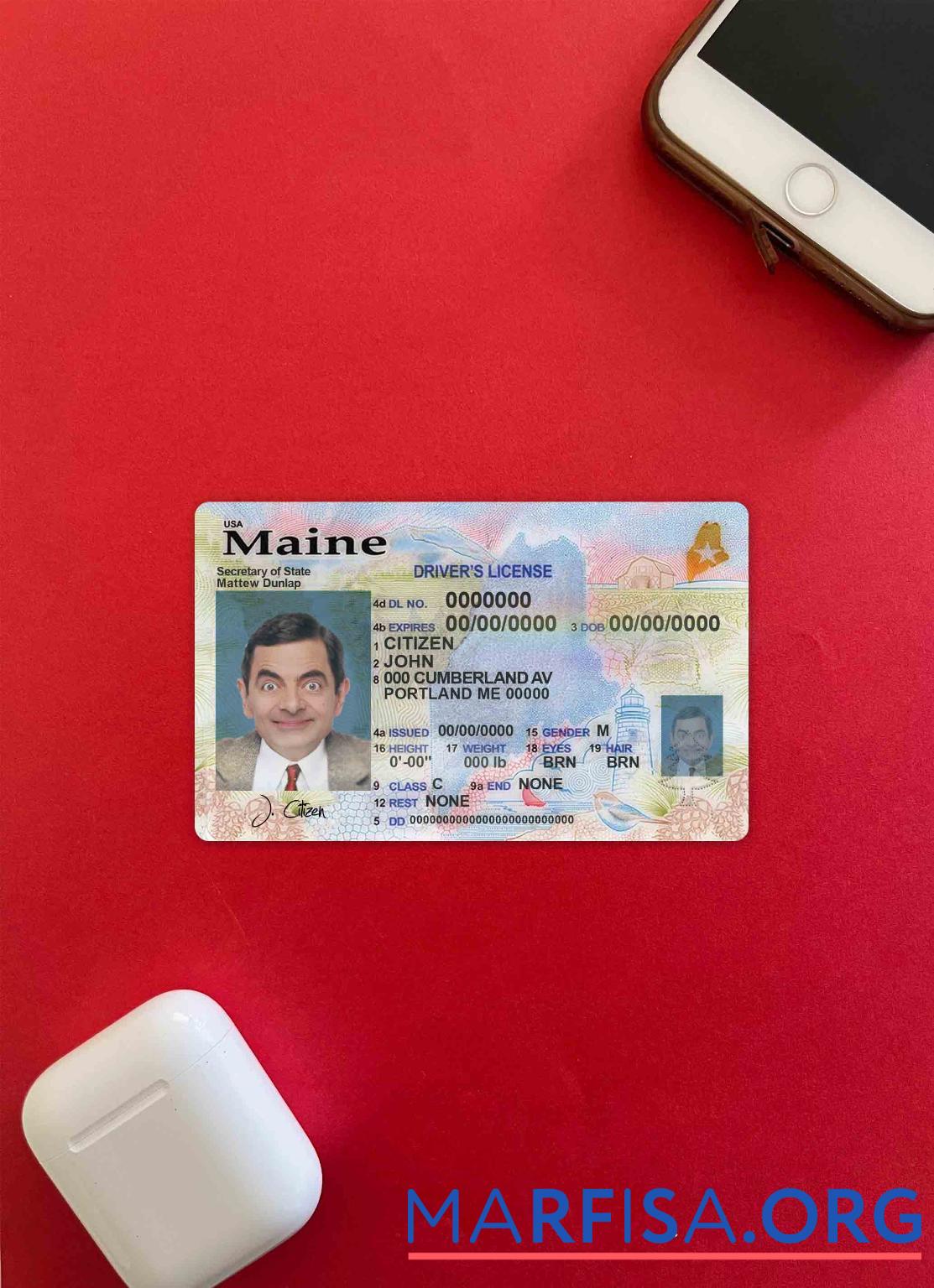 Реалистичный США Maine state Водительское удостоверение Шаблон in PSD Формат, with all fonts (2019 ΓÇô Настоящий) фотообраз Лицевая сторона
