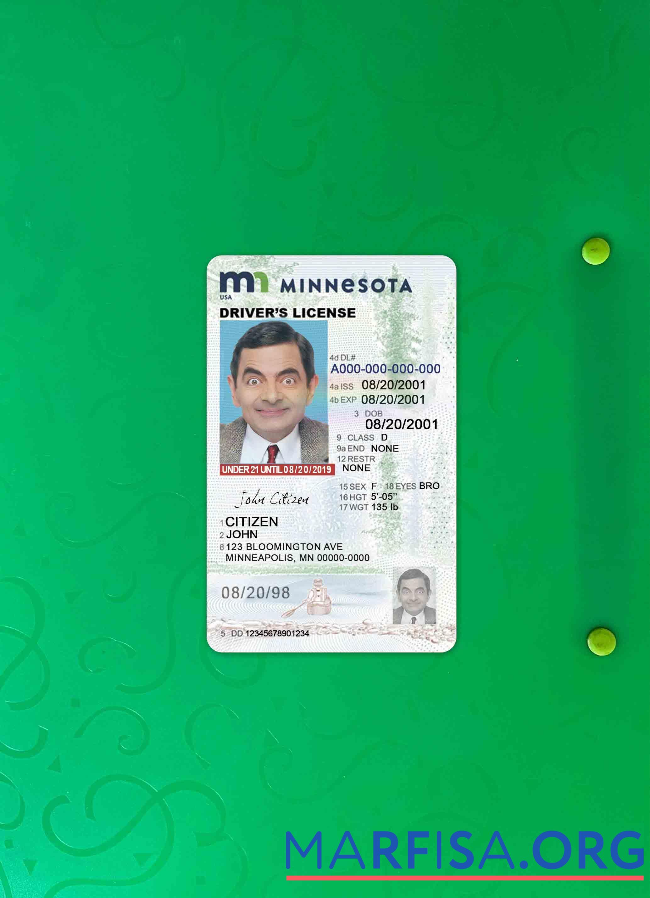 США Minnesota Водительское удостоверение under 21 фотообраз Лицевая сторона образец