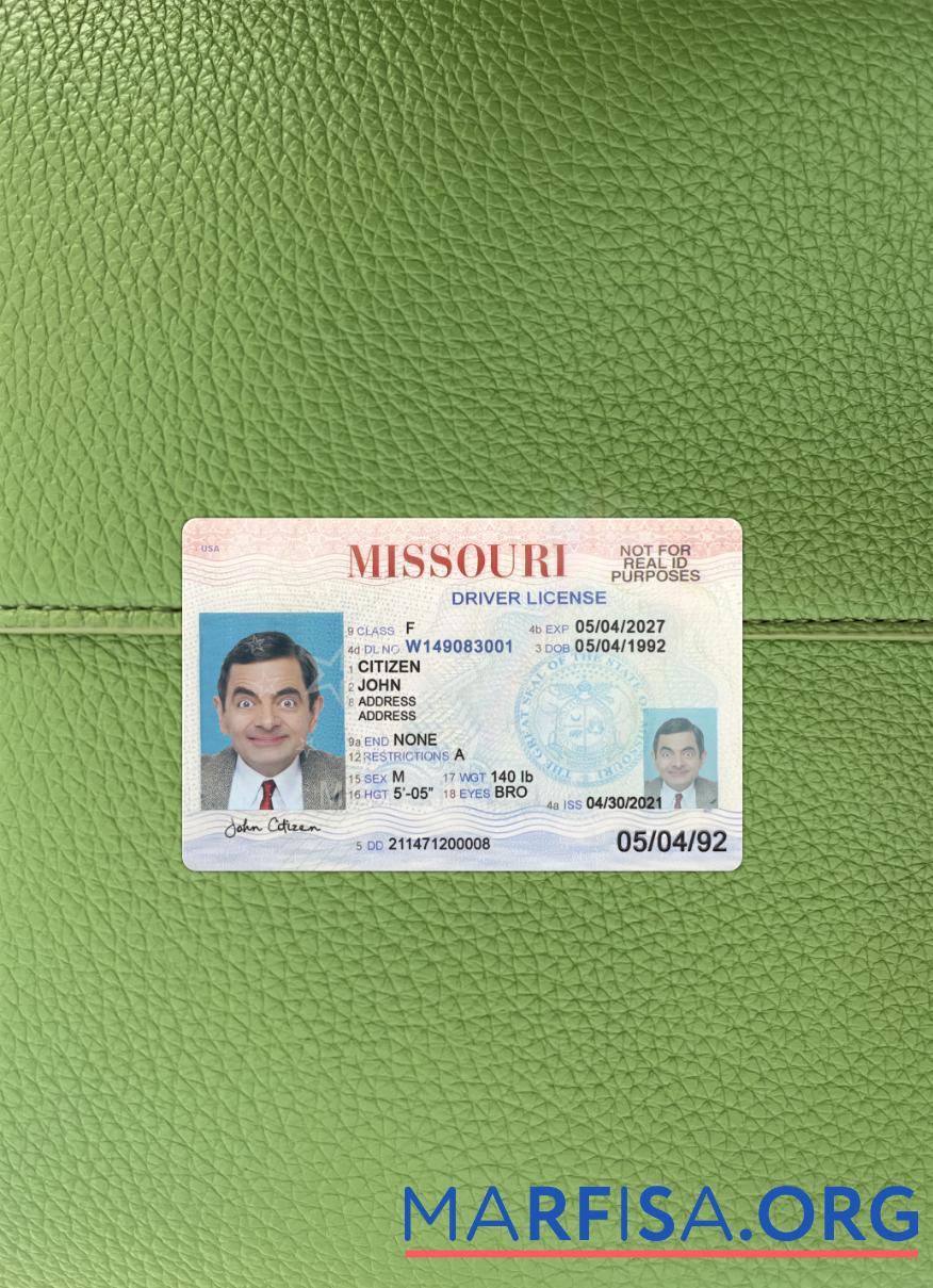 США Missouri Водительское удостоверение 2021 Настоящий фотообраз Лицевая сторона макет