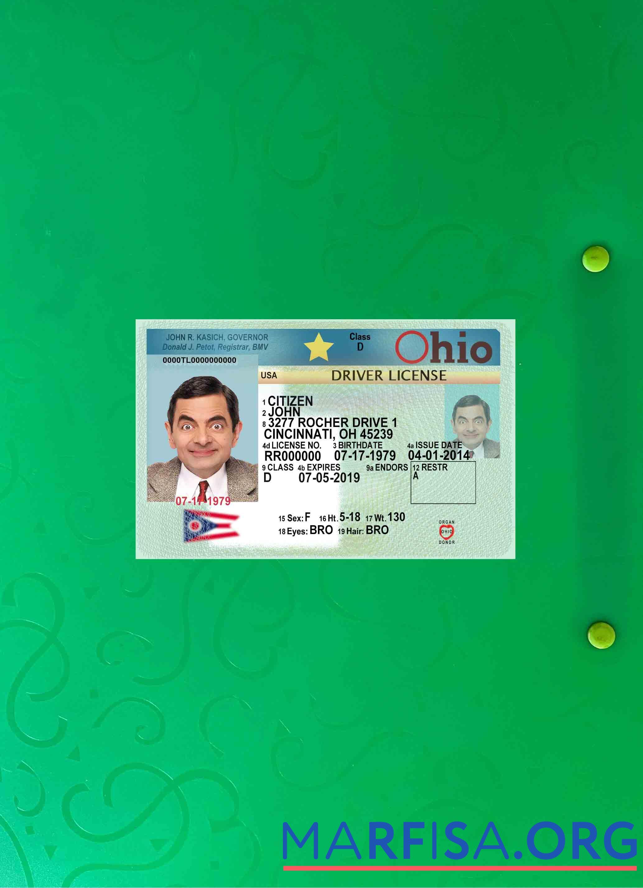 США Ohio Водительское удостоверение 2018 Настоящий фотообраз Лицевая сторона дизайн