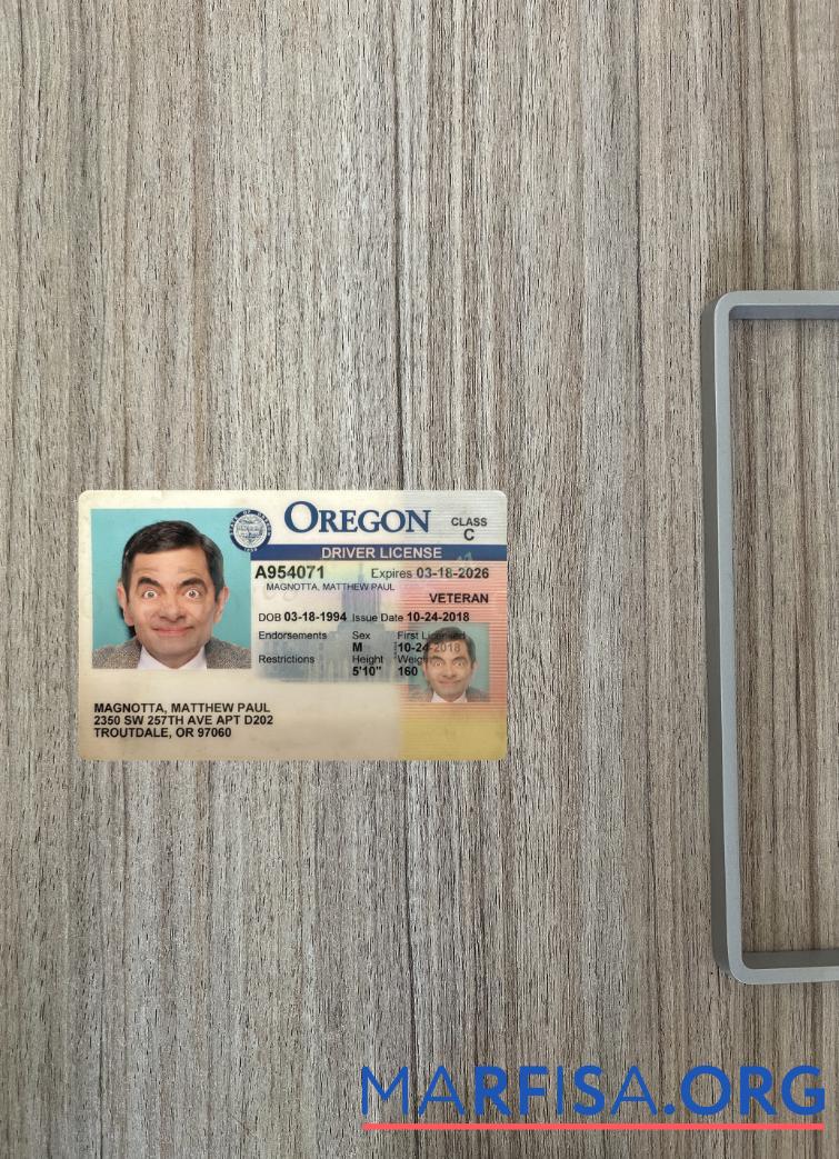 США Oregon Водительское удостоверение 2018 Настоящий фотообраз Лицевая сторона образец