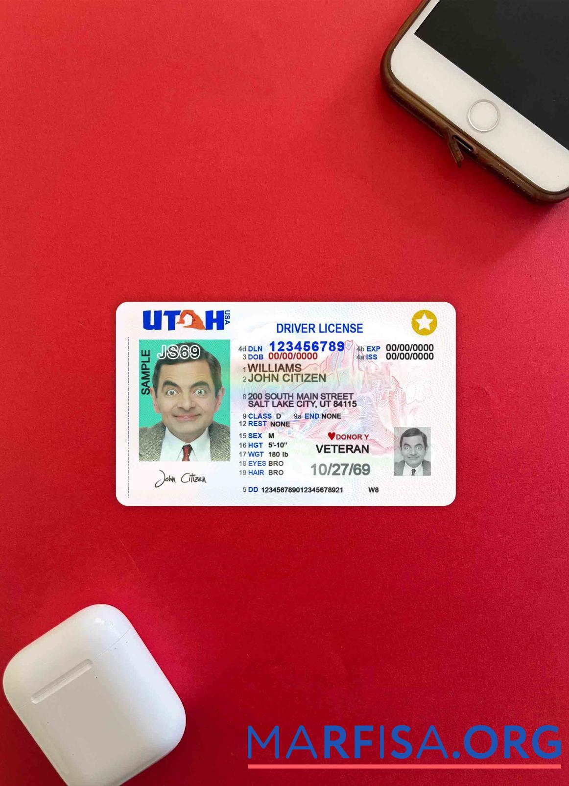США Utah Водительское удостоверение 2021 Настоящий фотообраз Лицевая сторона макет