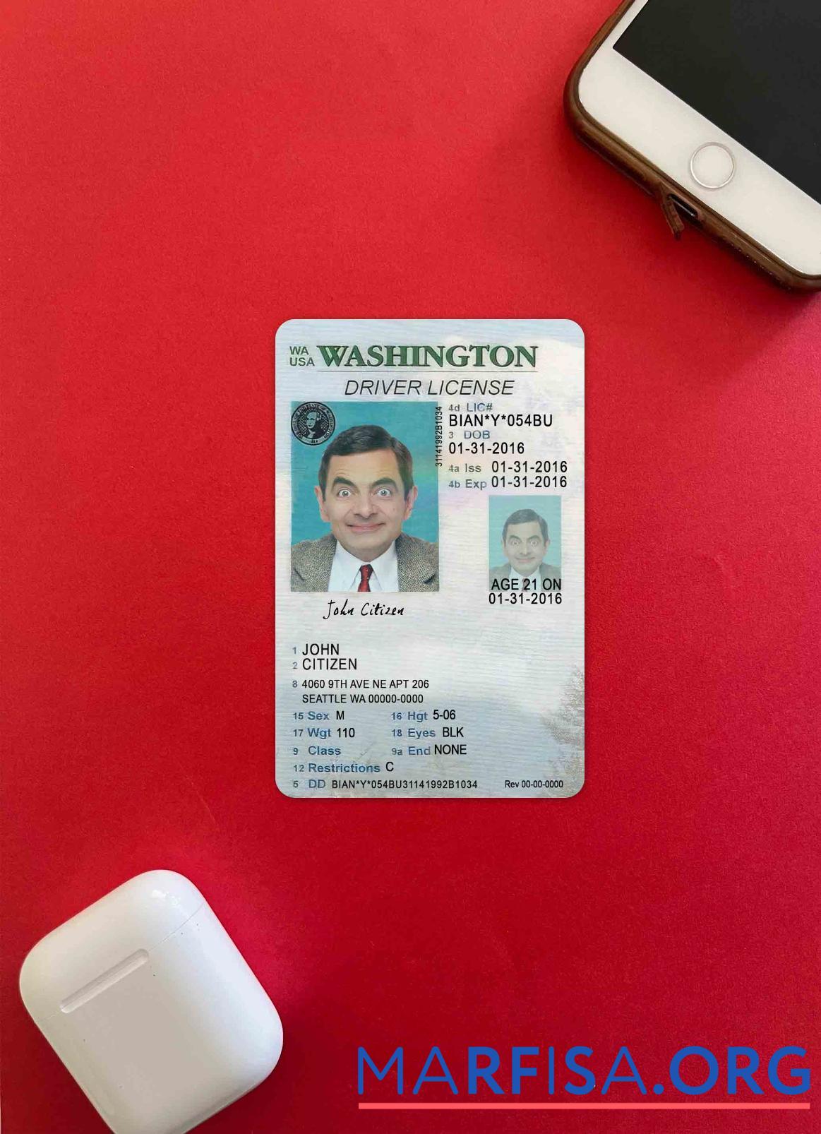 США Washigton Водительское удостоверение under 21 фотообраз Лицевая сторона дизайн