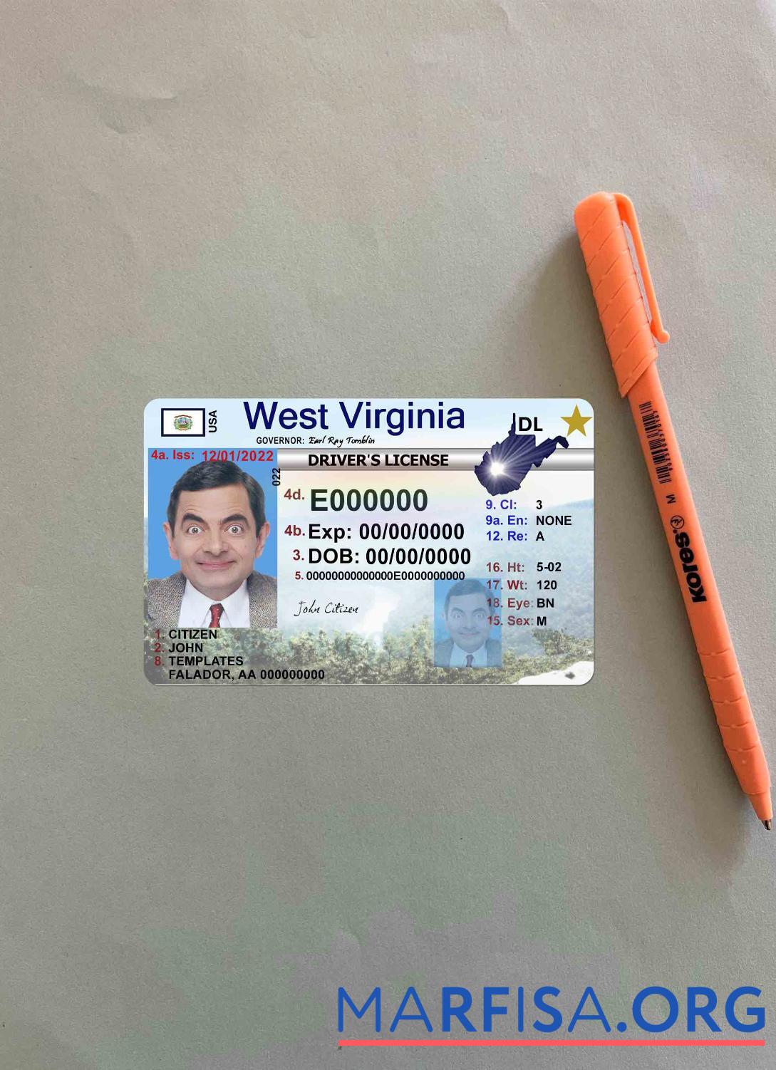 США West Virgina Водительское удостоверение фотообраз Лицевая сторона шаблон