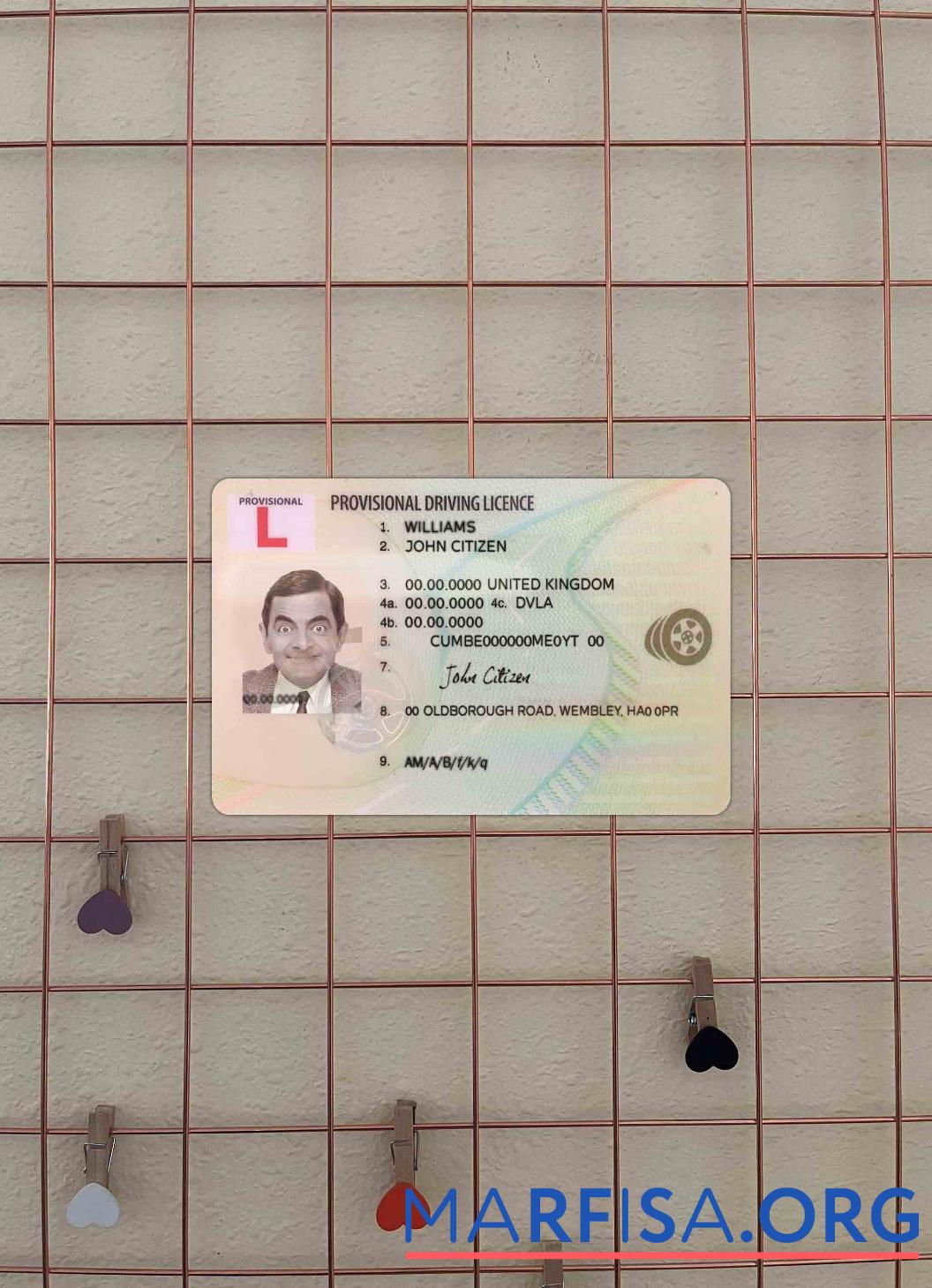 Великобритания provisional Водительское удостоверение фотообраз Лицевая сторона образец