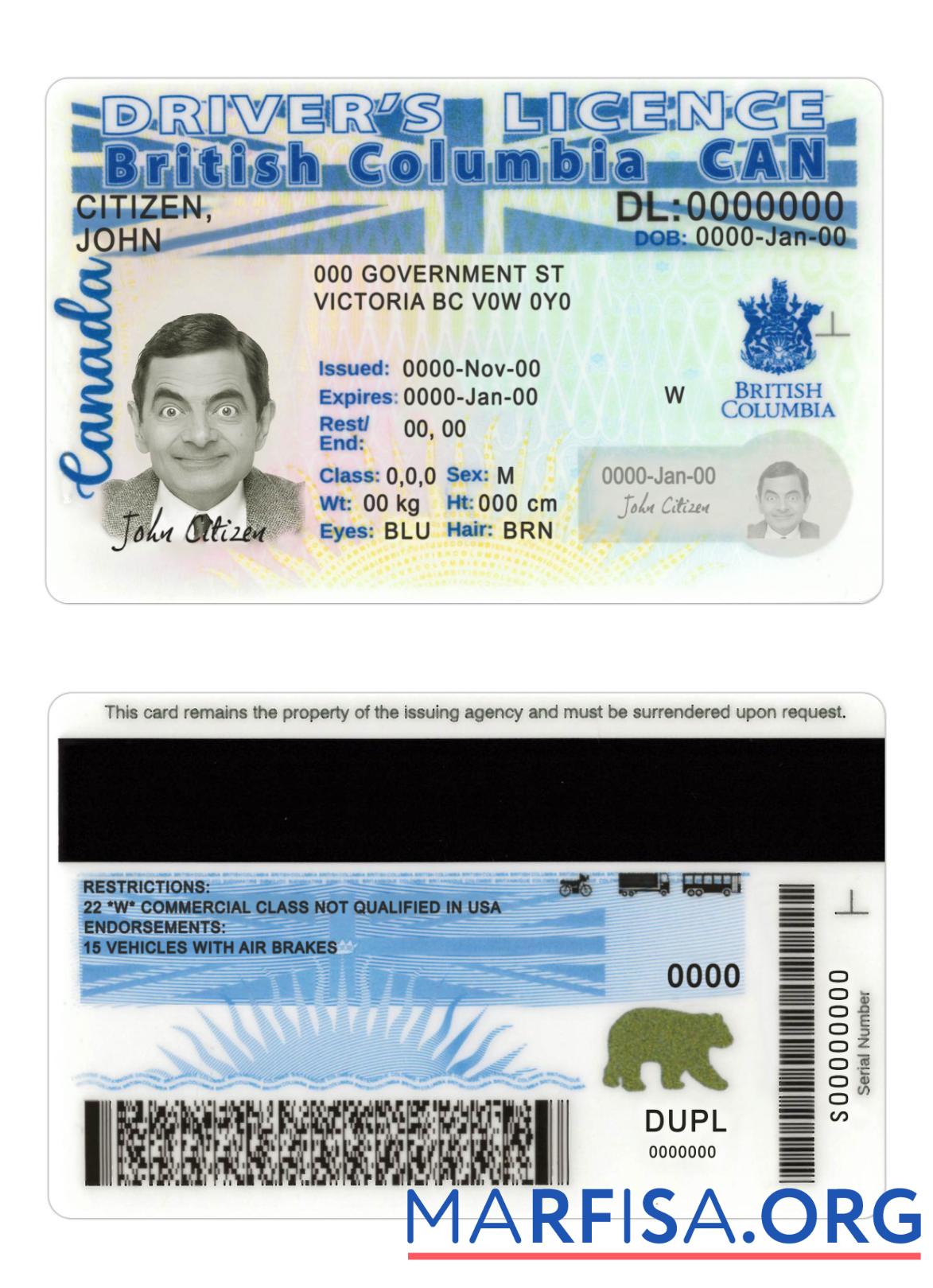 Kanada British Columbia Führerschein Neu Version Vorlage