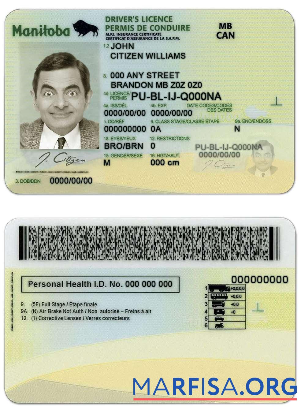 Kanada Manitoba province Führerschein Vorlage
