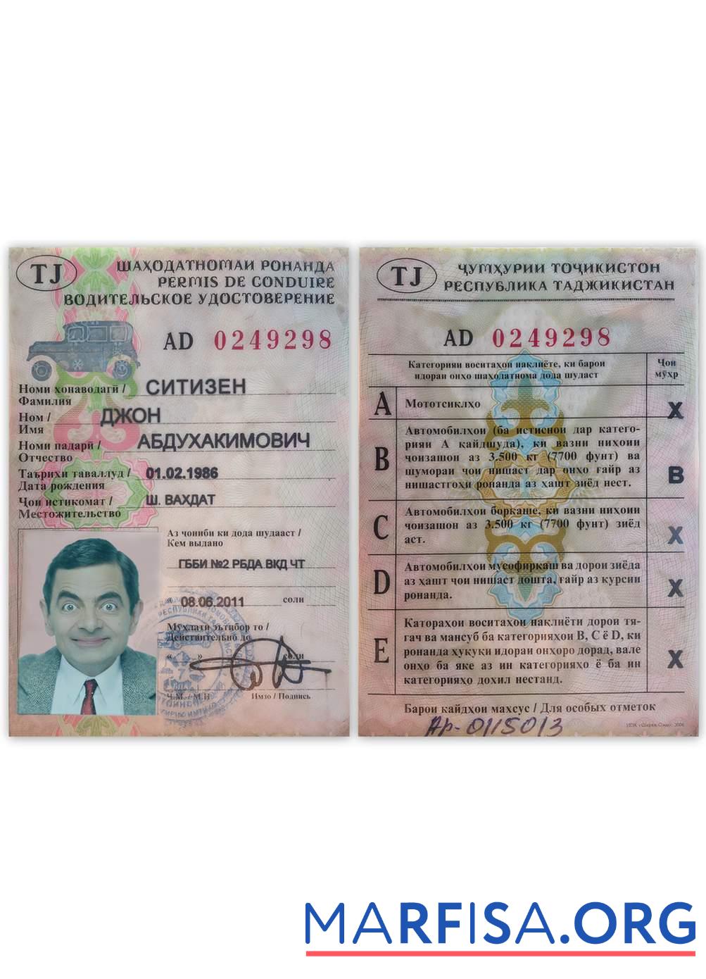 Tadschikistan Führerschein Vorlage