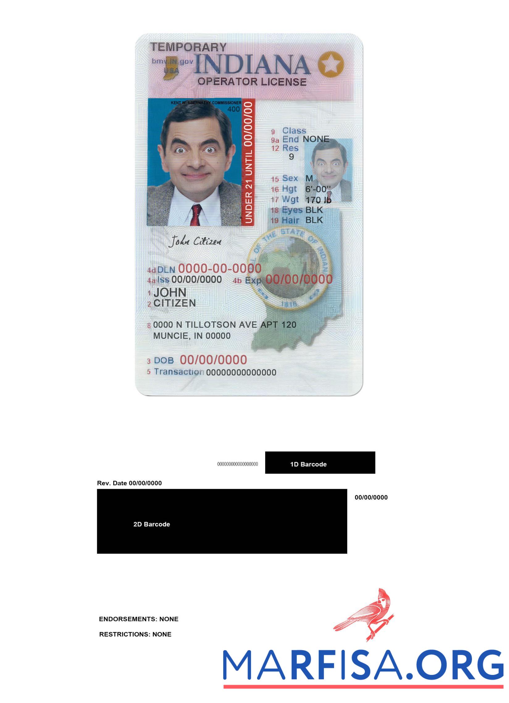 USA Indiana Führerschein (operator) Lizenz under 21 Vorlage