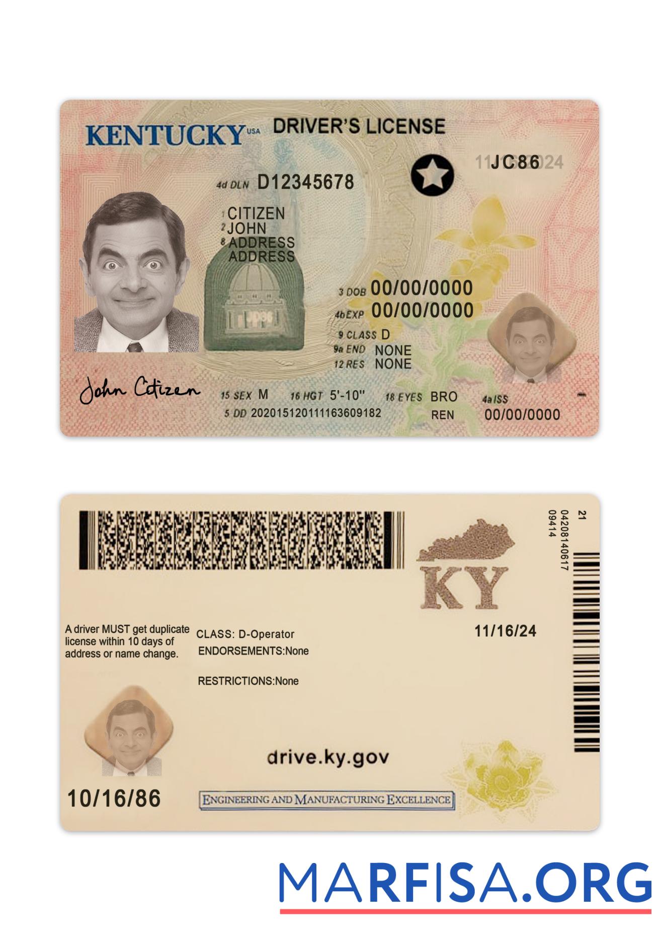 USA Kentucky Führerschein 2020 Gegenwärtig Mockup