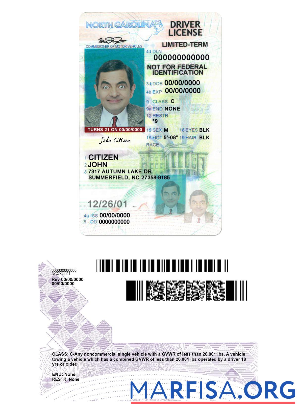 USA North Carolina Führerschein under 21 Vorlage