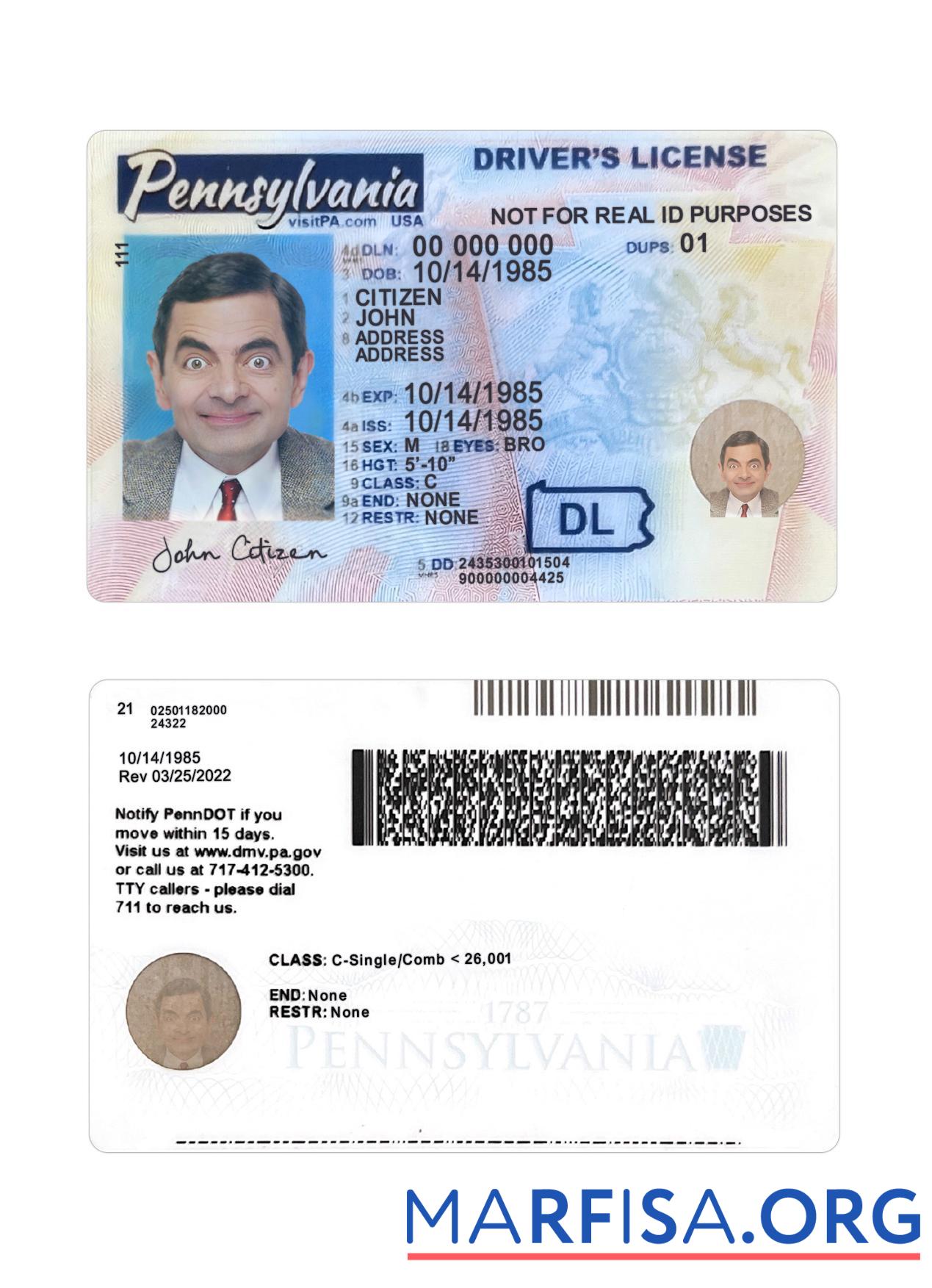 USA Pennsylvania Führerschein 2024 Gegenwärtig Probe