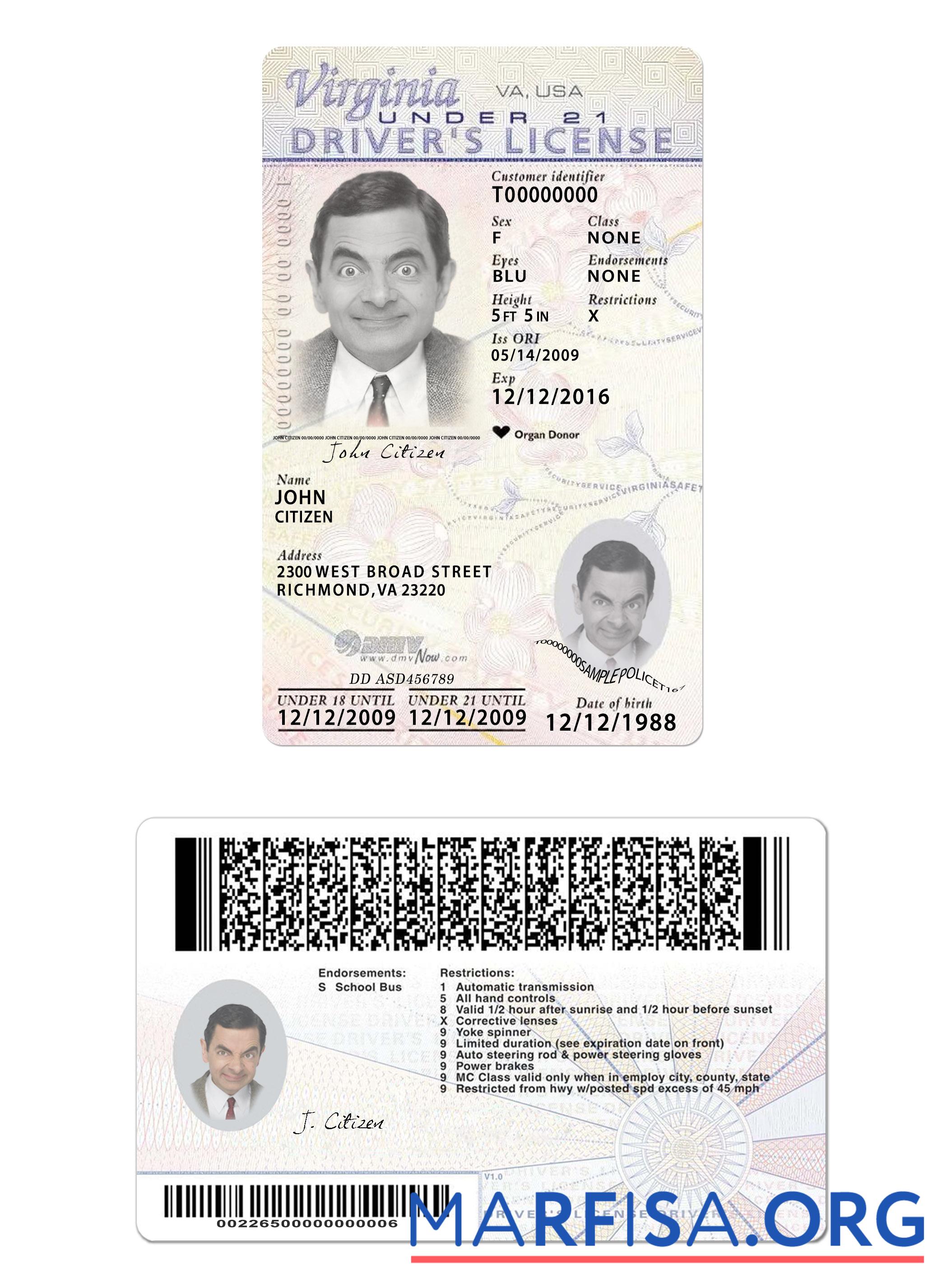 USA Virginia Führerschein under 21 2009 Gegenwärtig Vorlage