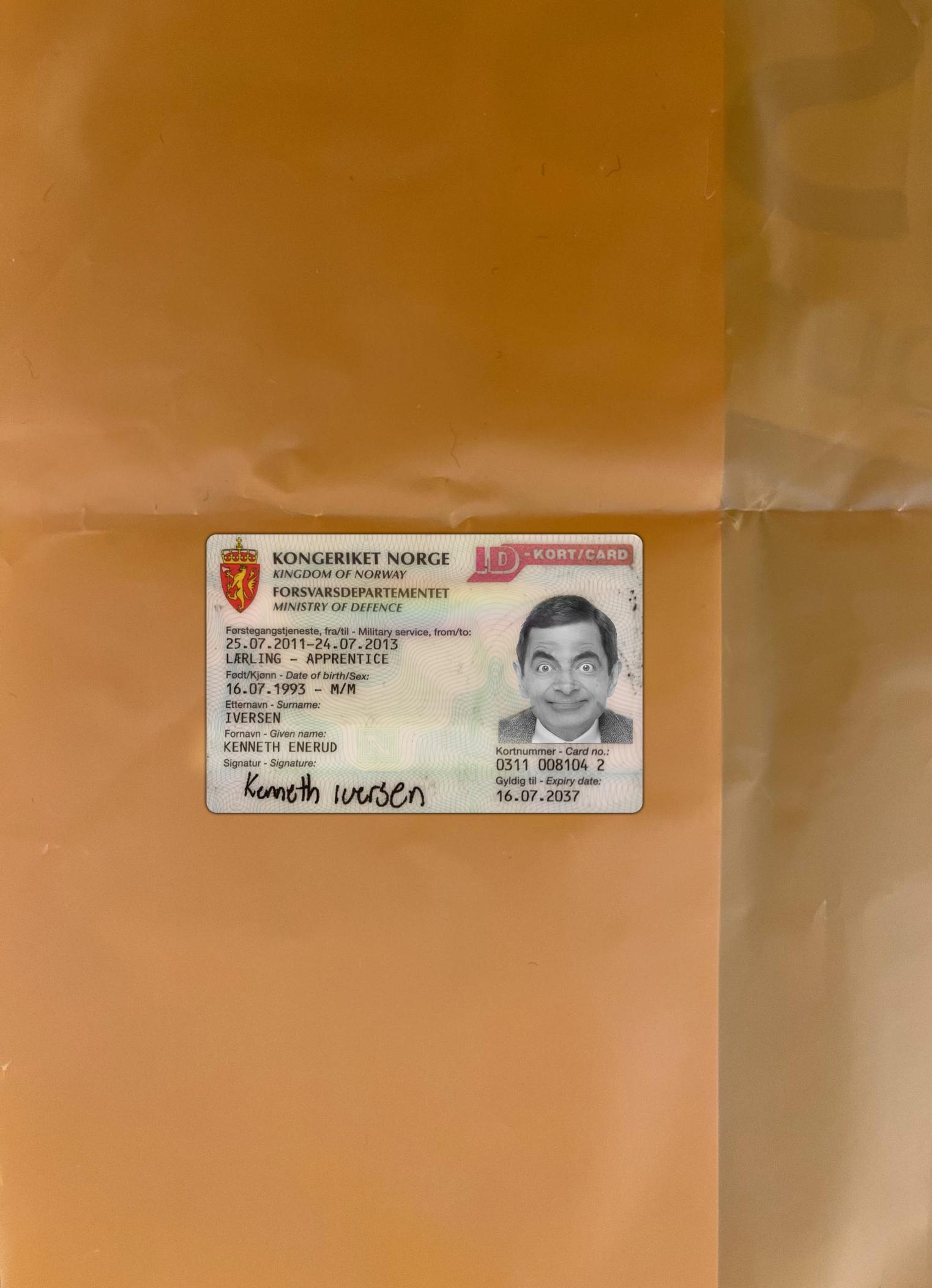 Норвегия ID kort Карта фотообраз Лицевая сторона образец