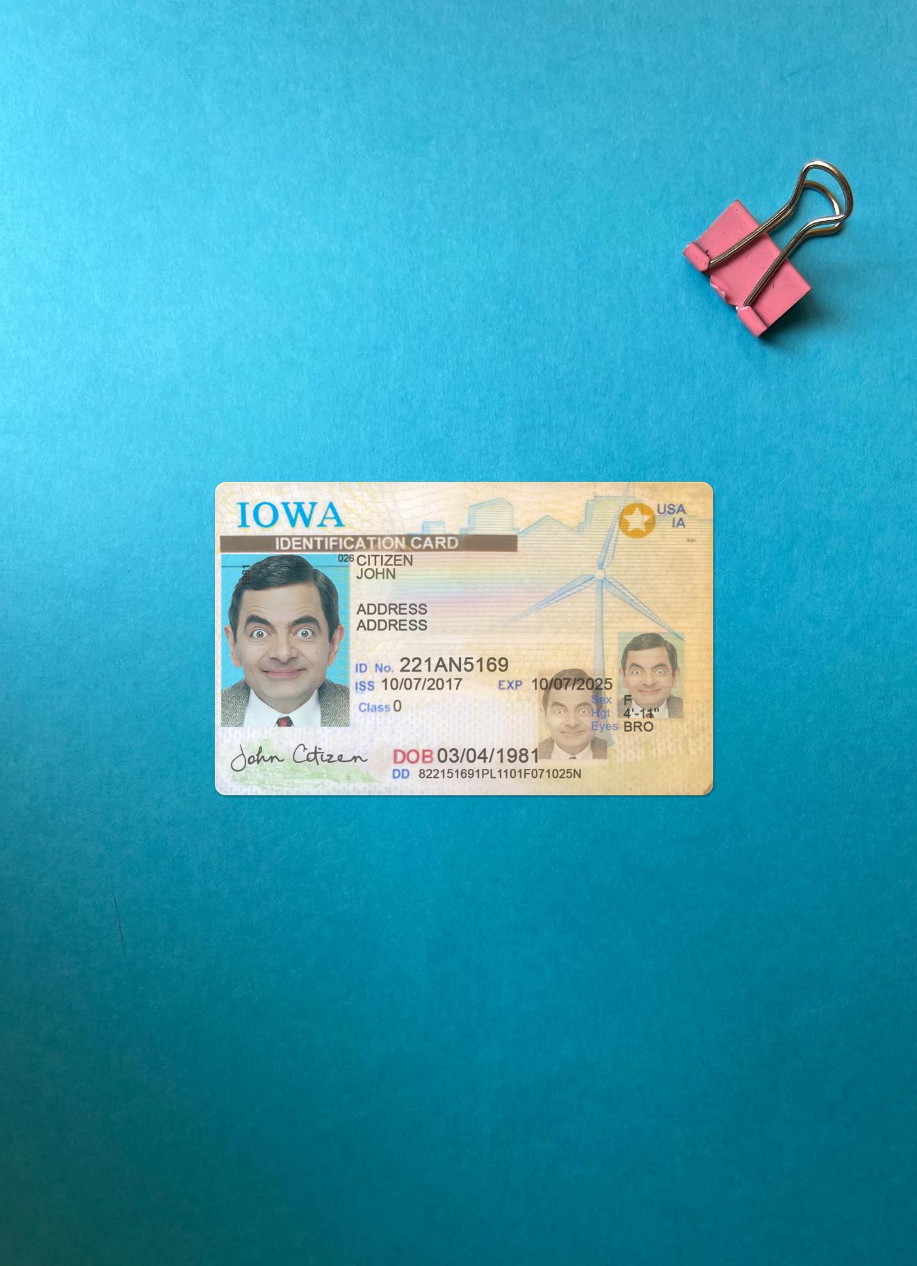 США Iowa Удостоверение личности фотообраз Лицевая сторона дизайн