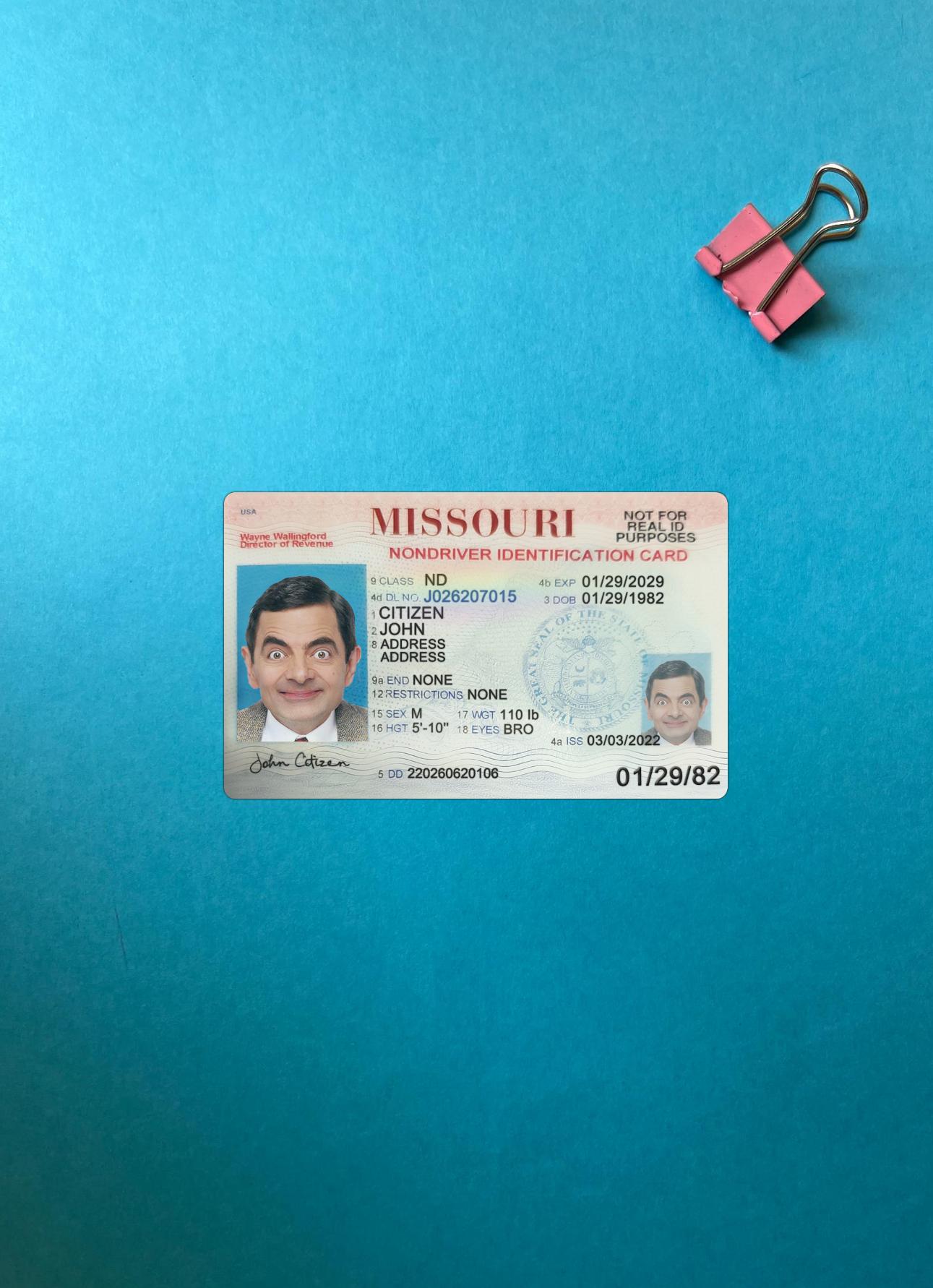 США Missouri Удостоверение личности фотообраз Лицевая сторона дизайн
