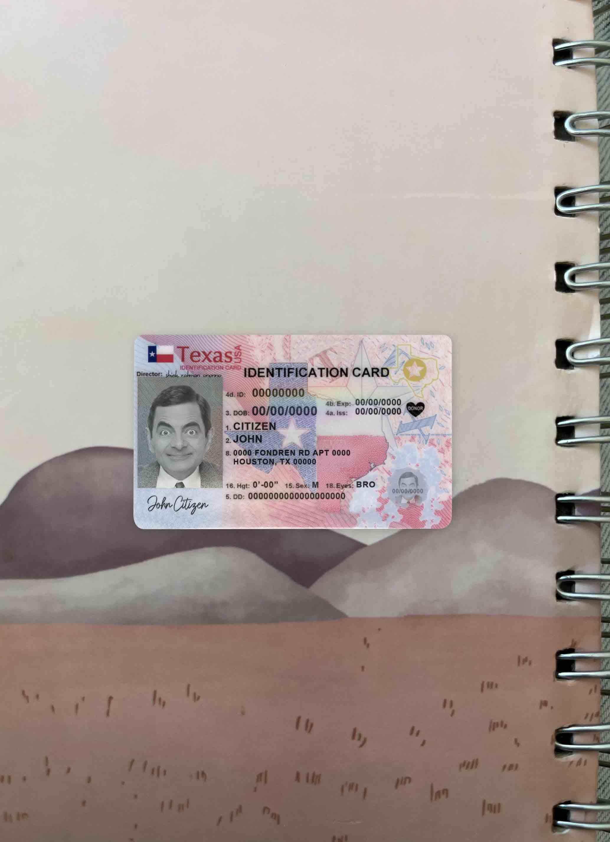 США Texas Новый ID фотообраз Лицевая сторона образец