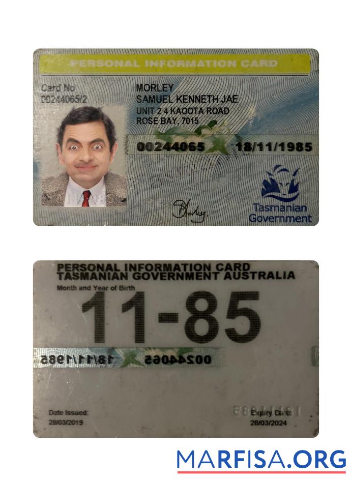 Australien Tasmania personal Information Karte Probe