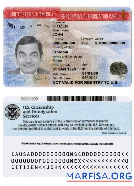 USA Beschäftigung Autorisierung Karte Version 2 Vorschau