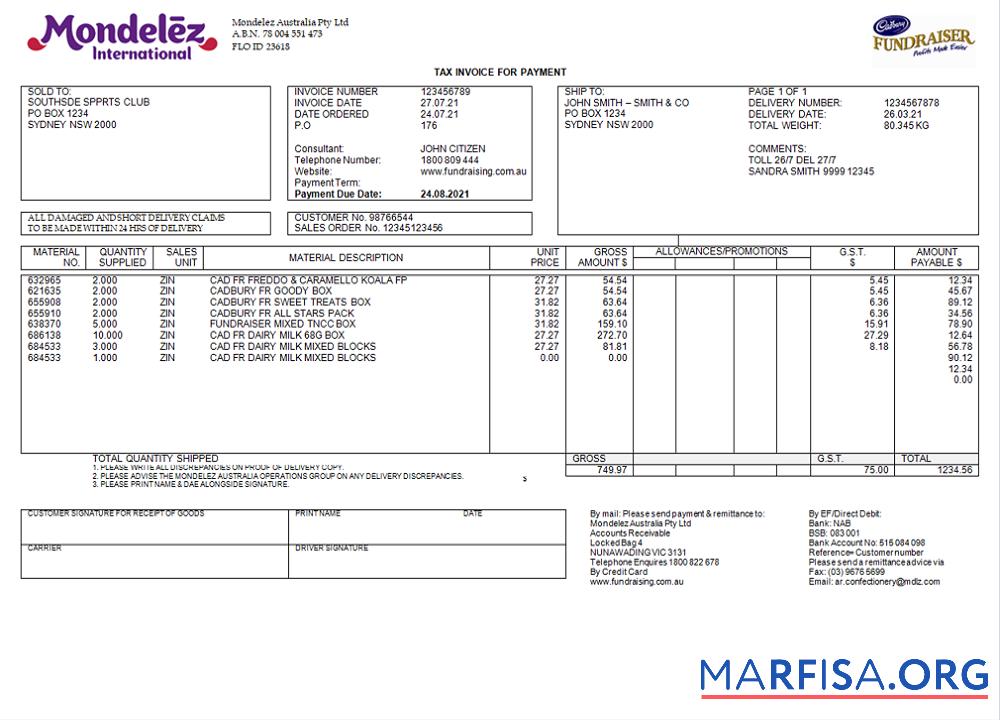 Australien Mondelez Holdings Pty Ltd Rechnung Mockup