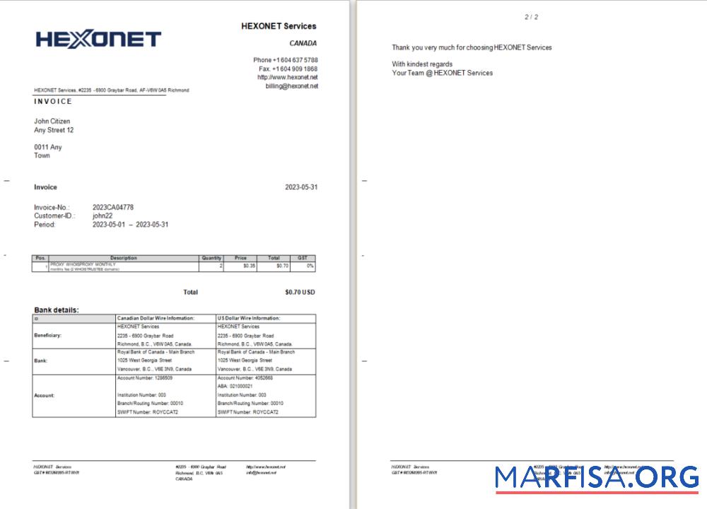 Hohe Qualität Kanada Hexonet Services Rechnung Word and PDF Vorlage