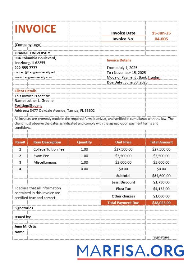 Realistisch College Tuition Rechnung Vorlage