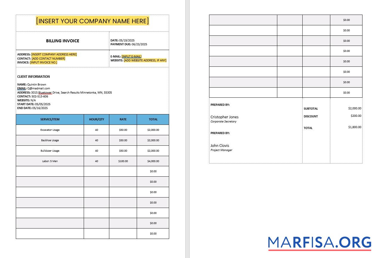 Professionell Construction Billing Rechnung Vorlage