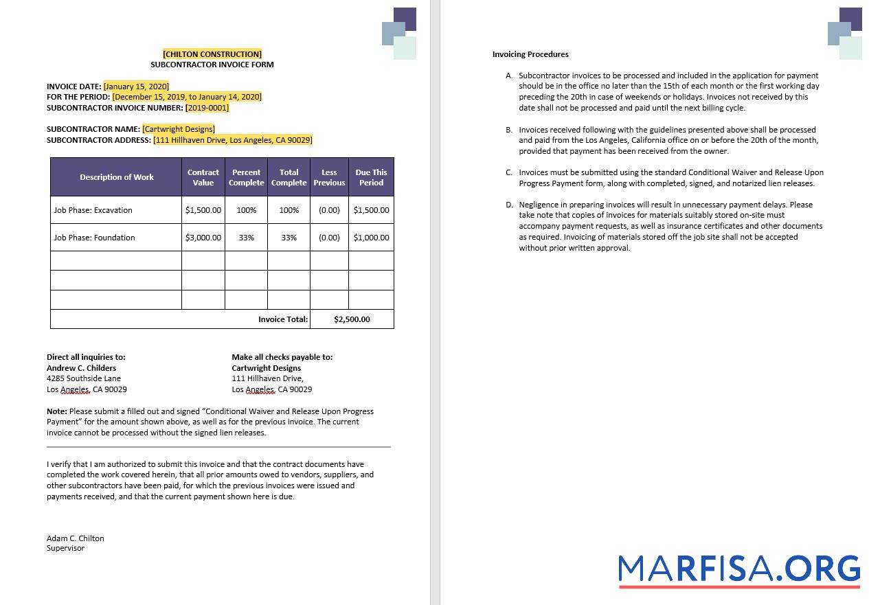 Bearbeitbar Construction Subcontractor Rechnung Vorlage