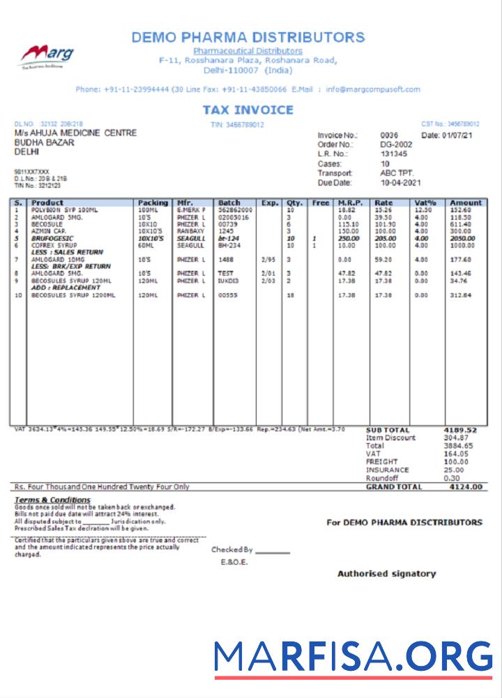 Indien Demo Pharma Distributor medicine consultancy services Rechnung Vorschau