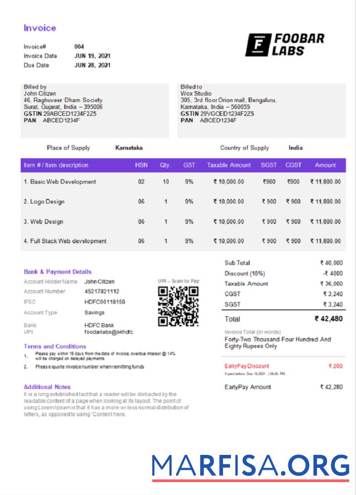 Hohe Qualität Indien Foobar Labs Information Technologie Unternehmen Rechnung Vorlage in Word and PDF Format, fully Bearbeitbar, Version 2