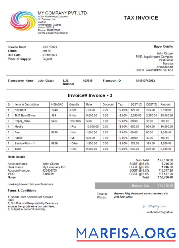 Indien My Unternehmen Pvt Ltd Rechnung Vorlage