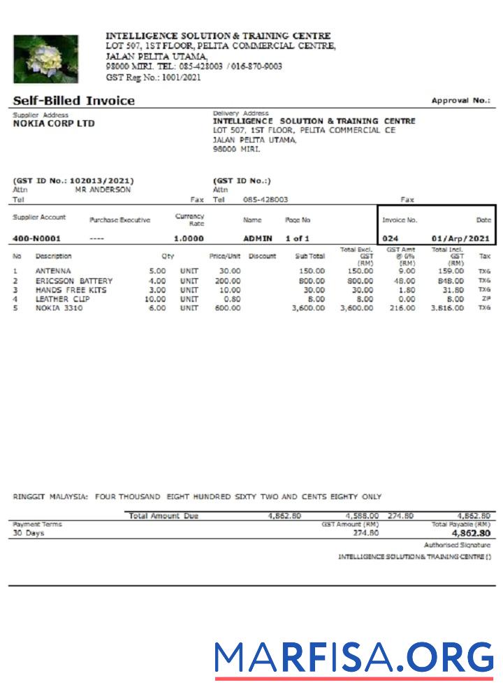 Malaysia Intelligence Solution & Training Centre self billed Rechnung Mockup