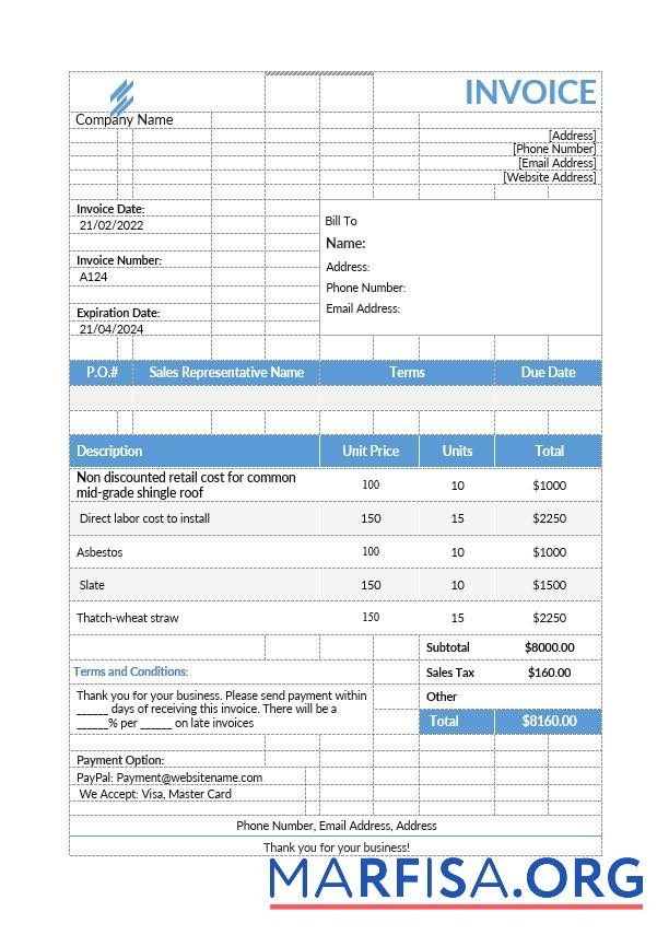 Bearbeitbar Roofing Estimate Rechnung Vorlage