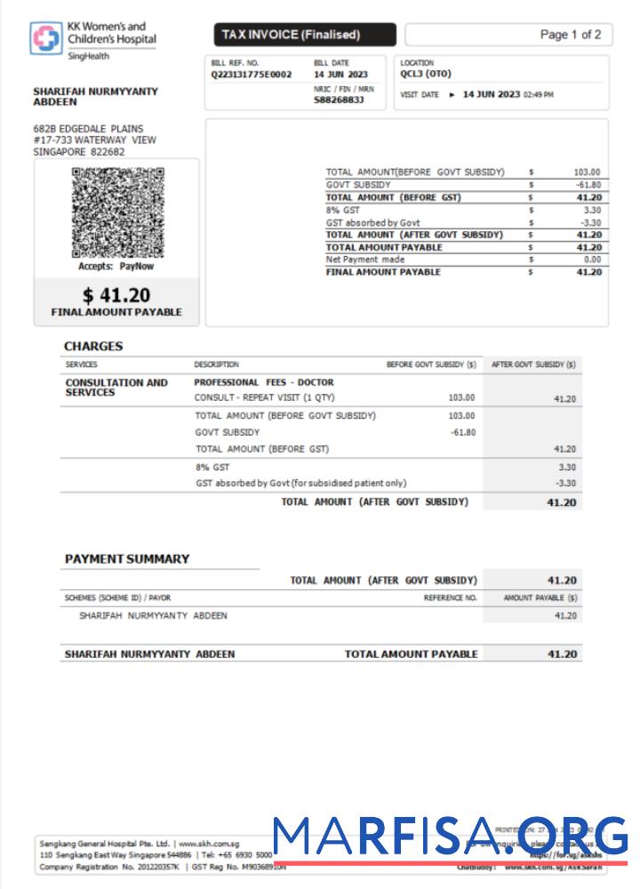 Realistisch Singapur KK Hospital Steuer Rechnung Word and PDF Vorlage