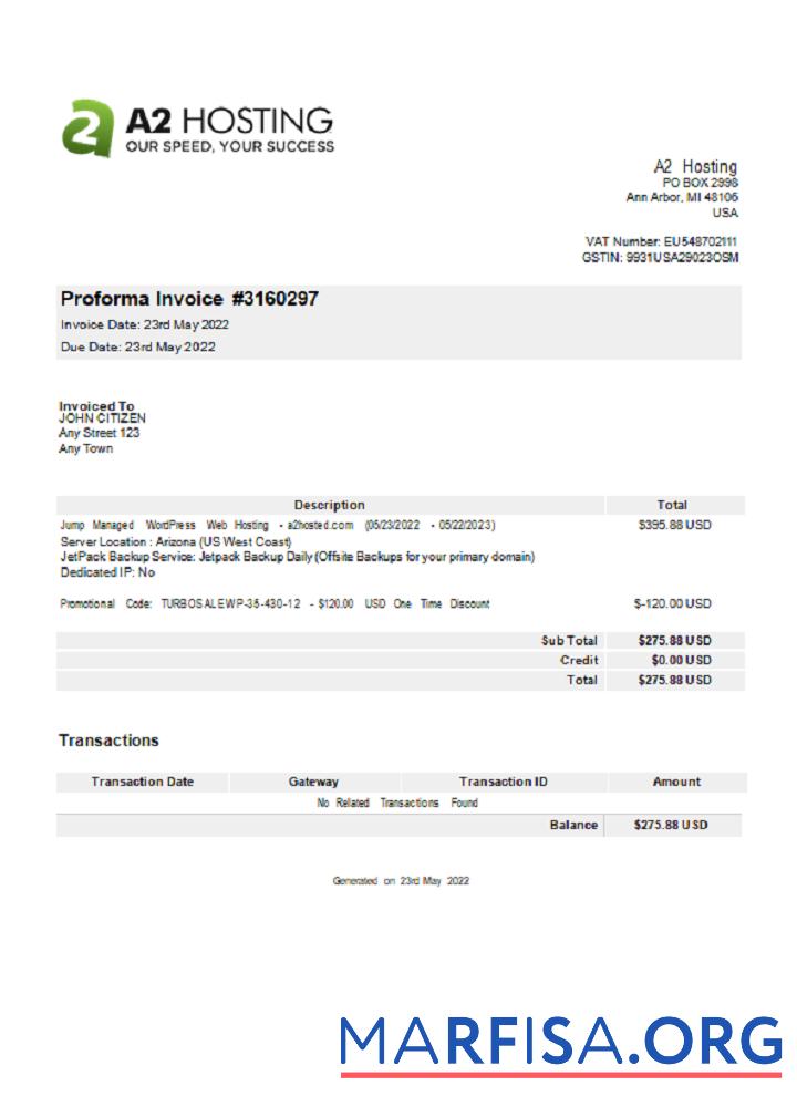 USA A2 Hosting Rechnung Mockup