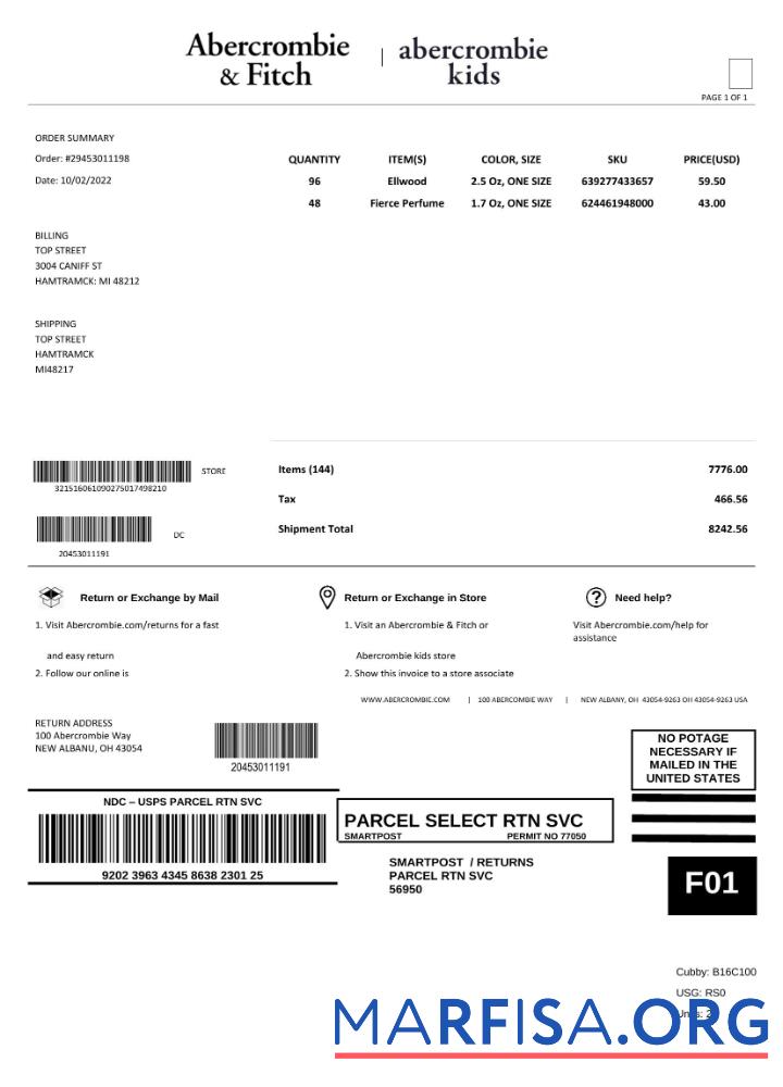 Professionell USA Abercrombie & Fitch Rechnung Vorlage in Word and PDF Format, fully Bearbeitbar