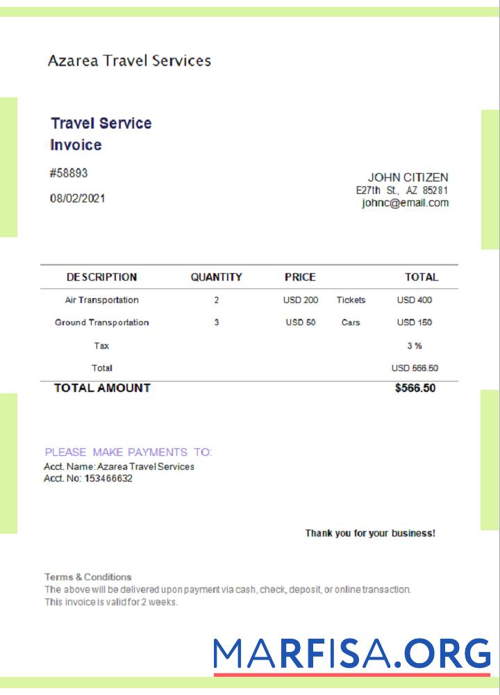 USA Azarea Reise Services Rechnung Vorschau