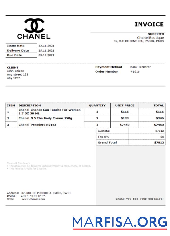 USA Chanel Rechnung Probe
