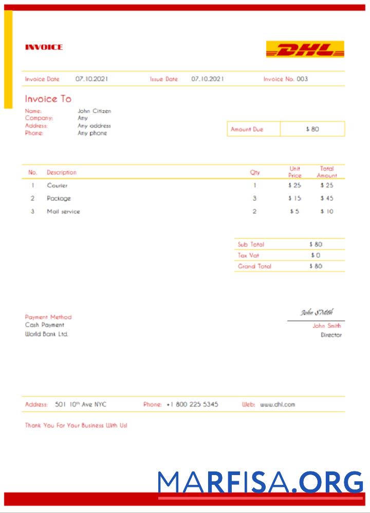 USA DHL Rechnung Vorschau