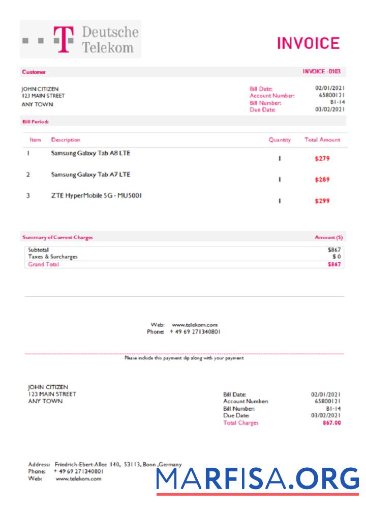 USA Deutsche Telecom Rechnung Mockup