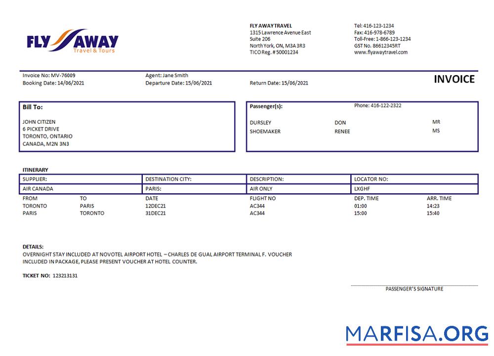 USA Fly Away Reise Agentur Rechnung Probe