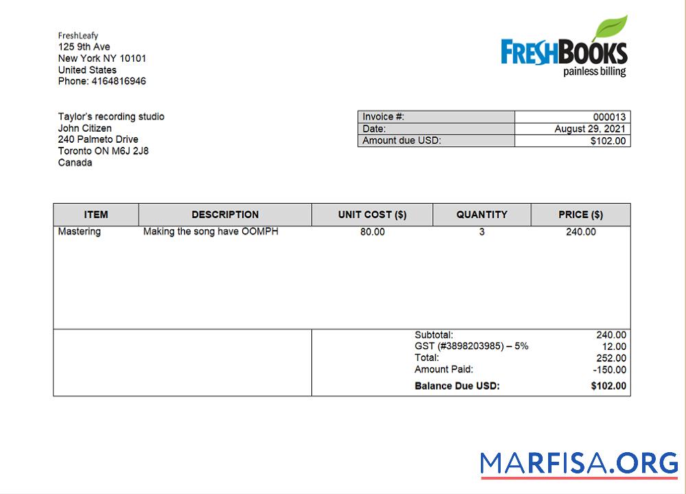 USA FreshBooks Unternehmen Rechnung Probe
