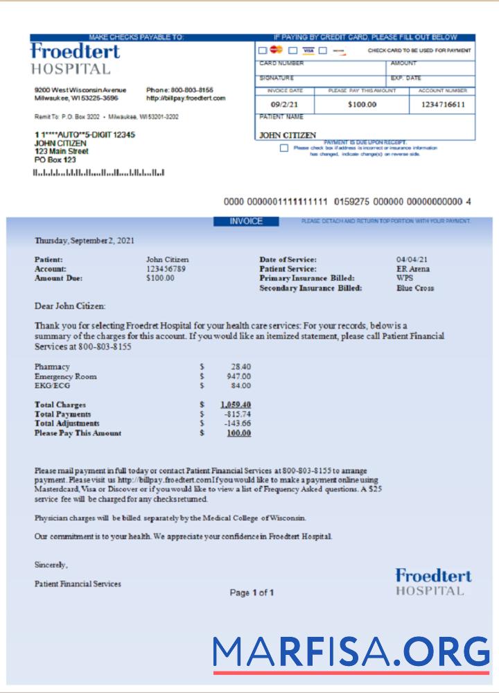 USA Froedtert Hospital Rechnung Probe