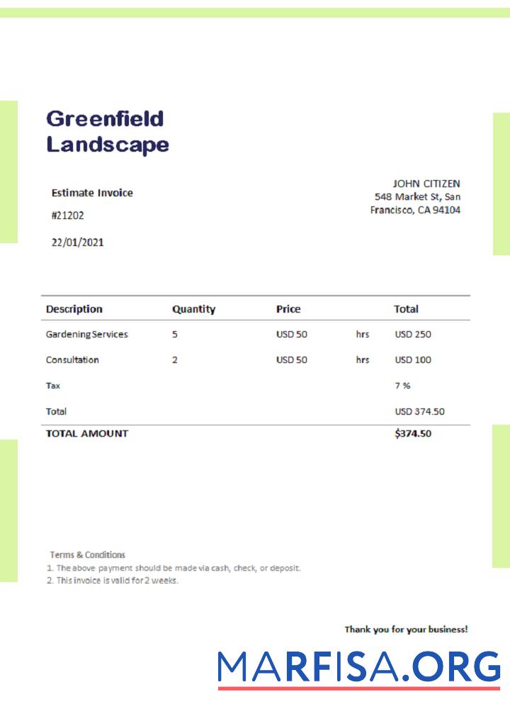 USA Greenfield Landscape Rechnung Vorlage