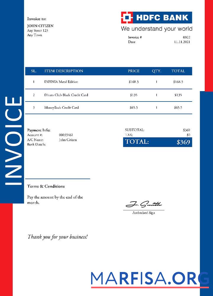 Hohe Qualität USA HDFC Rechnung Vorlage