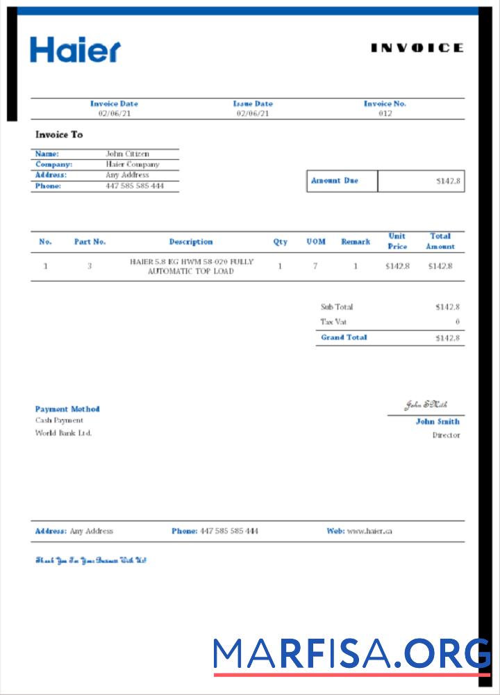 USA Haier Rechnung Mockup
