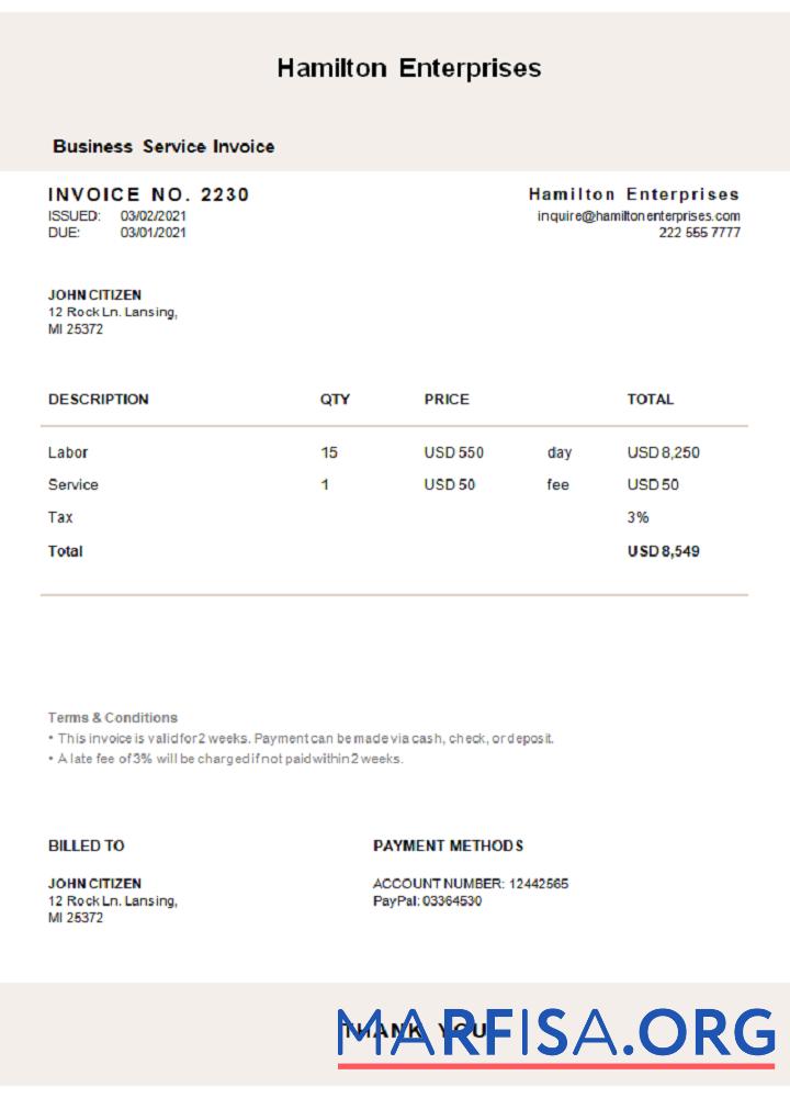 USA Hamilton Enterprises Rechnung Vorlage