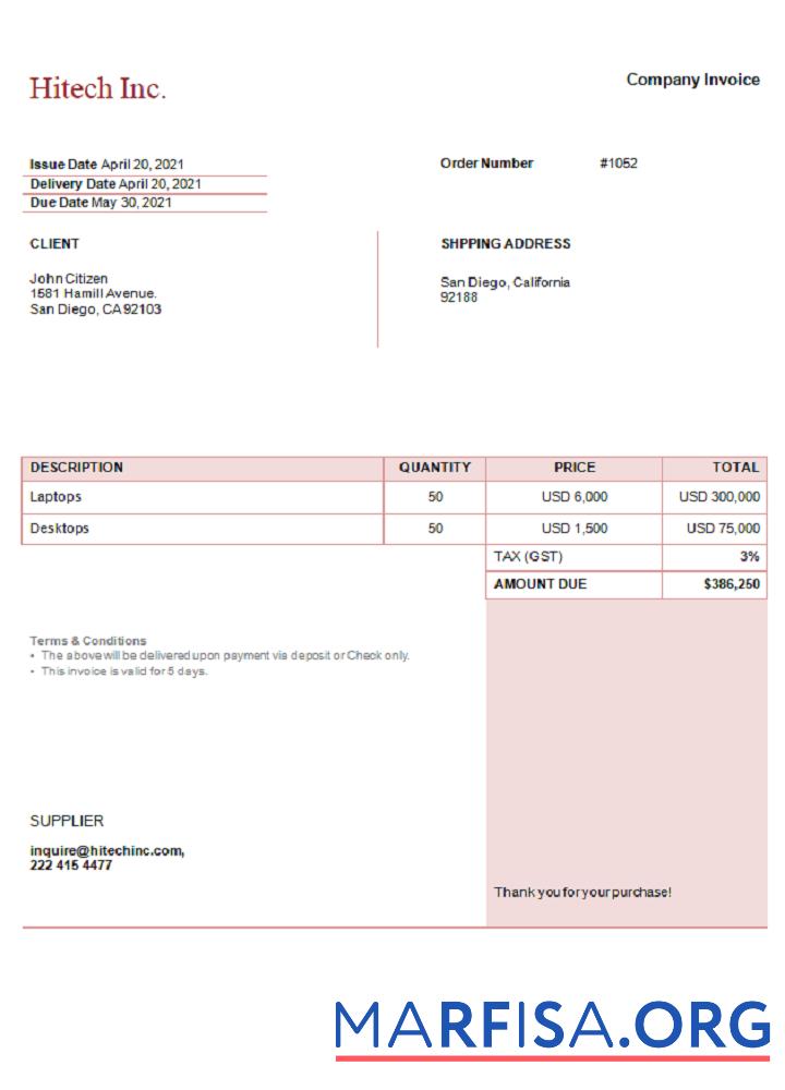USA Hitech Inc. Rechnung Probe