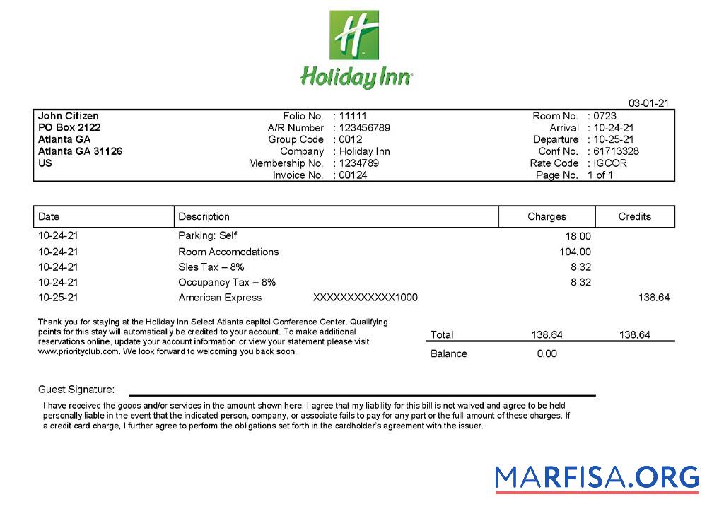 Premium USA Holiday Inn InterContinental Hotels Group Rechnung Vorlage